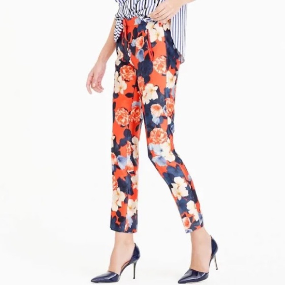 J Crew Red Floral Print Silk/wool Pant - 6